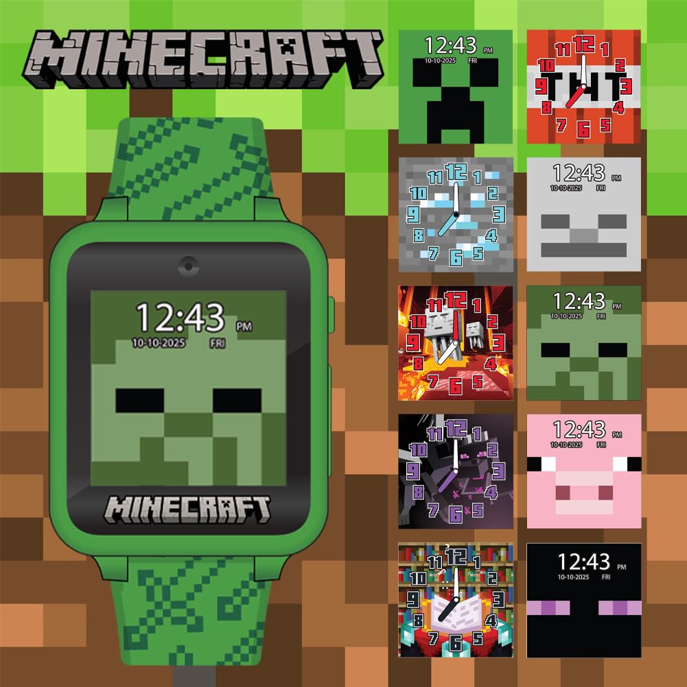 Accutime Reloj Inteligente Infantil Minecraft - Con pantalla táctil, Cámara Selfie, Juegos, Podómetro, Alarma