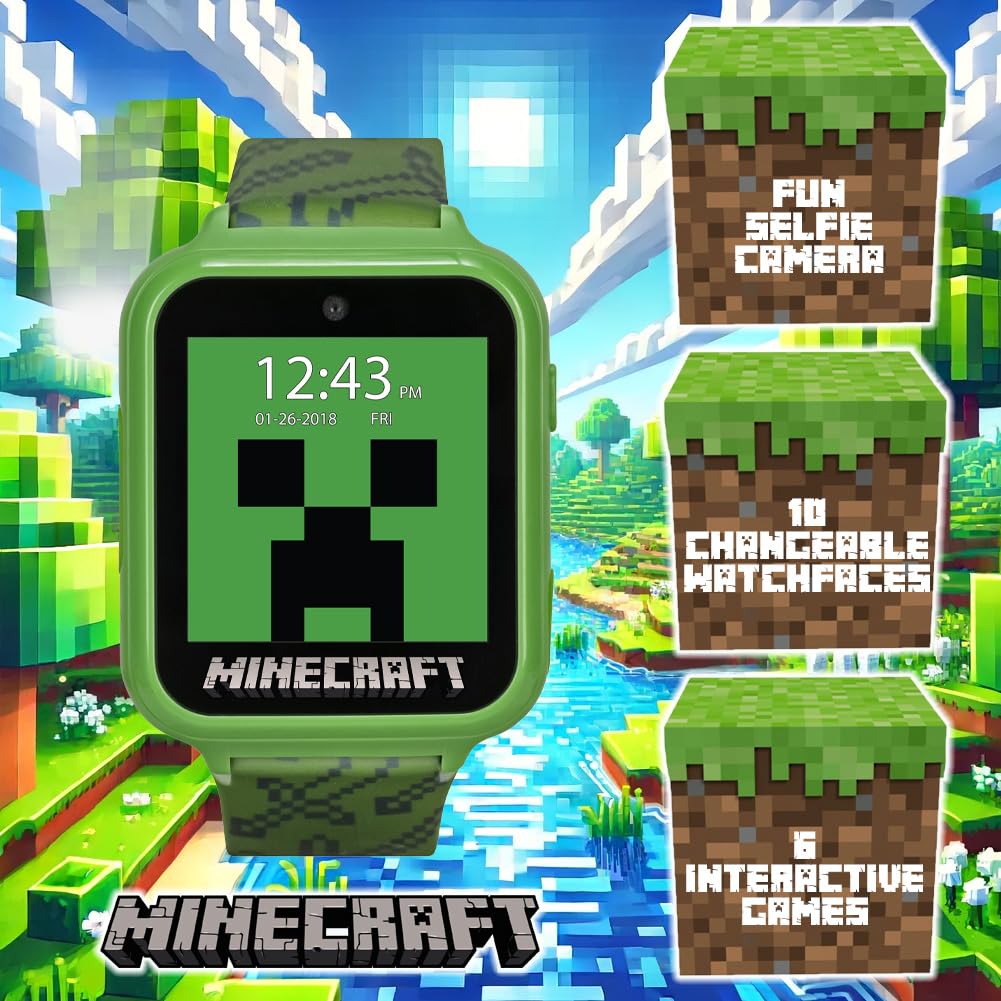 Accutime Reloj Inteligente Infantil Minecraft - Con pantalla táctil, Cámara Selfie, Juegos, Podómetro, Alarma
