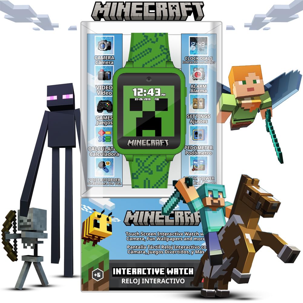 Accutime Reloj Inteligente Infantil Minecraft - Con pantalla táctil, Cámara Selfie, Juegos, Podómetro, Alarma