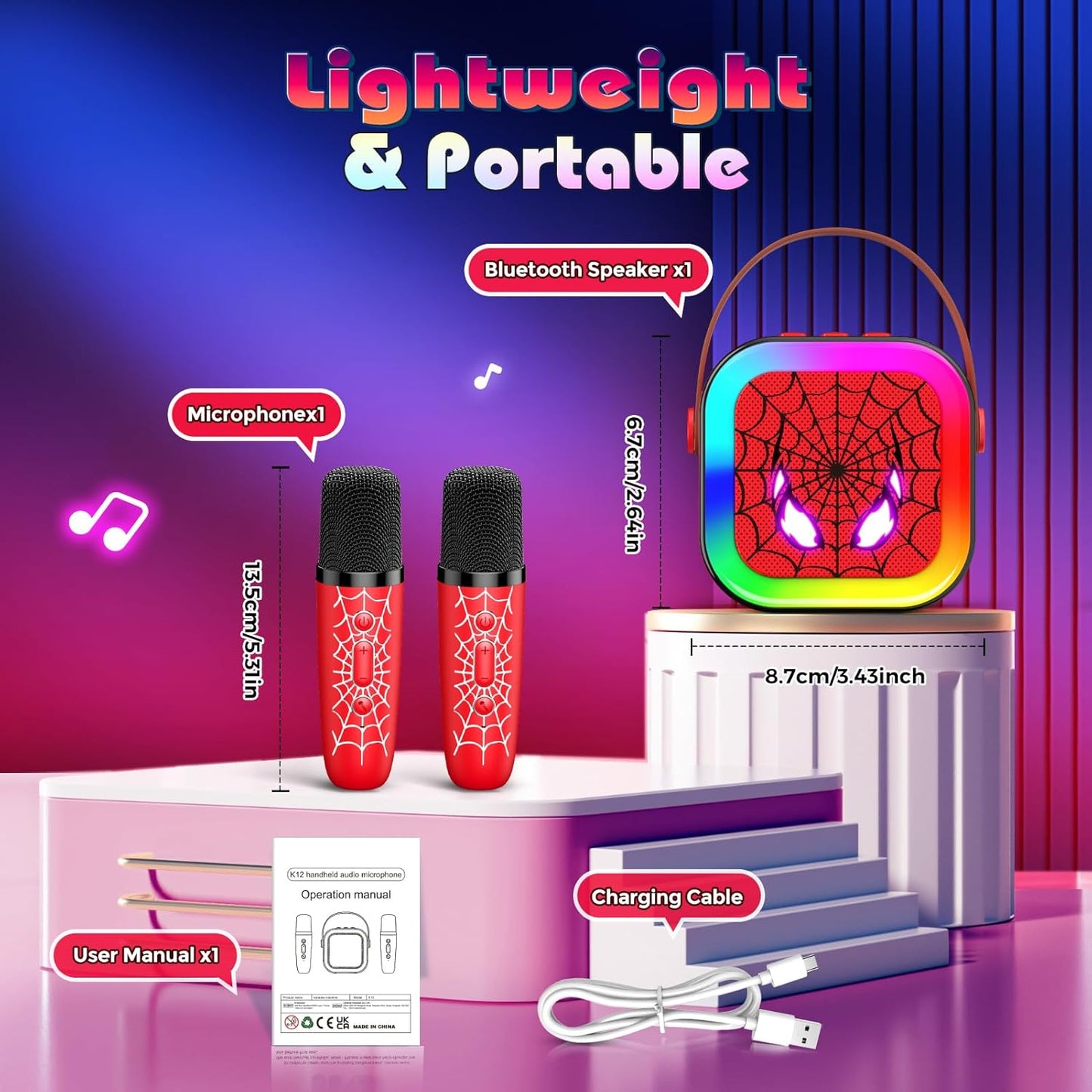 Spiderman - Máquina de Karaoke LED portátil con Bluetooth y 2 micrófonos inalámbricos – Color rojo