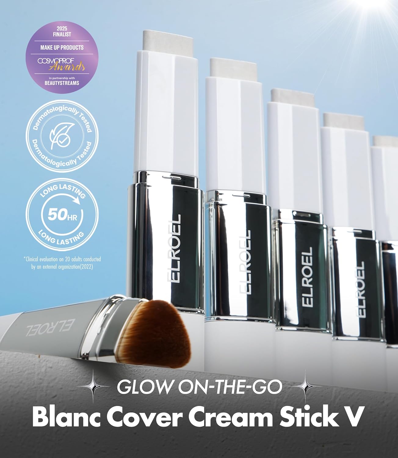 ELROEL - Blanc Cover Cream Stick V White: base de maquillaje coreana en barra con Volufiline, cobertura media a total, acabado luminoso, doble extremo con pincel desmontable (#203 Medium)