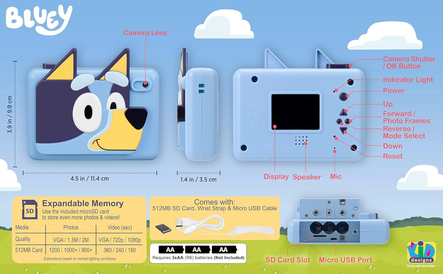 Cámara Digital Bluey Para Niños, Con Video Y Calcomanías
