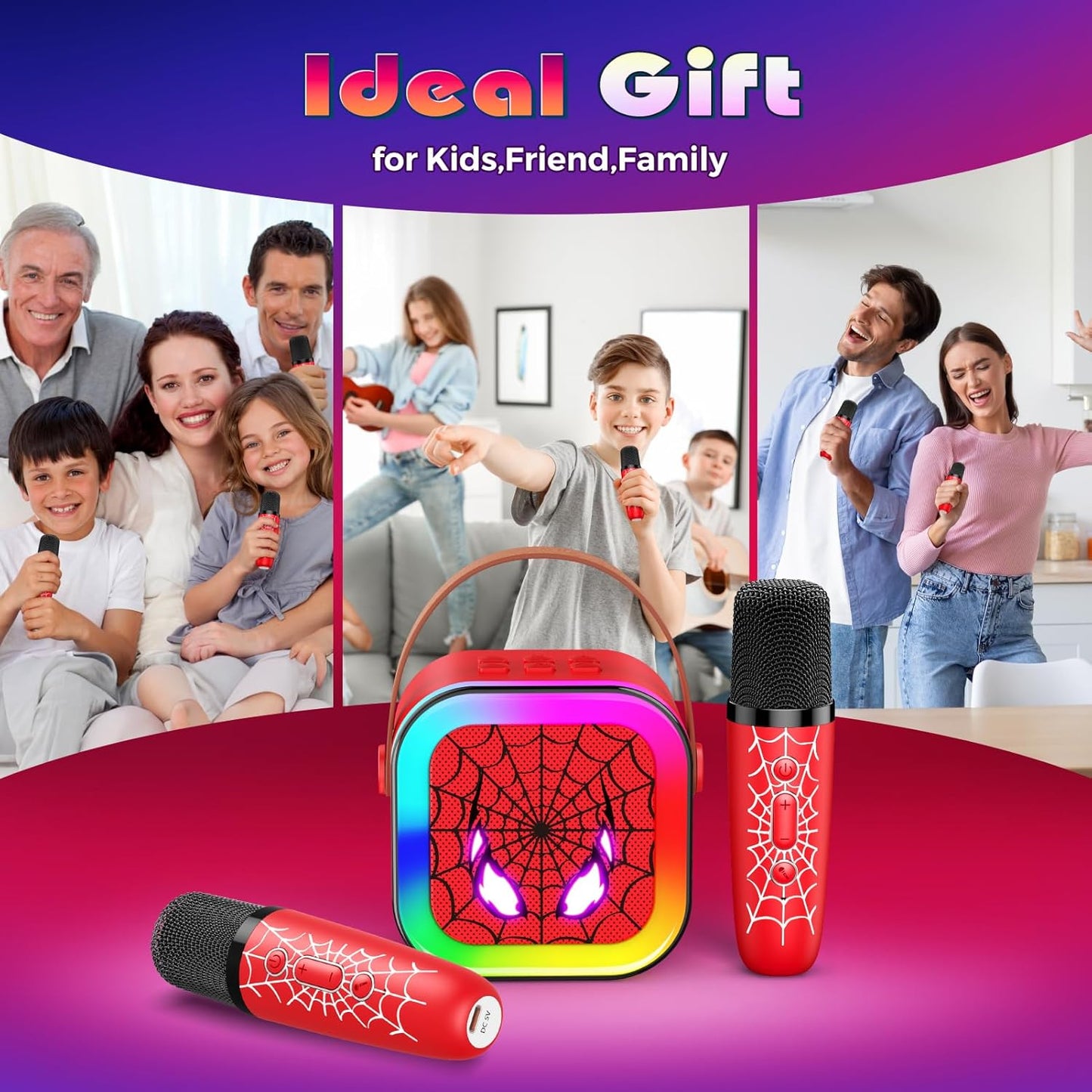 Spiderman - Máquina de Karaoke LED portátil con Bluetooth y 2 micrófonos inalámbricos – Color rojo