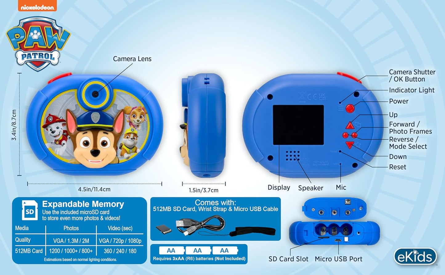 Cámara Digital Paw Patrol Para Niños c/ tarjeta SD, Con Video Y Calcomanías