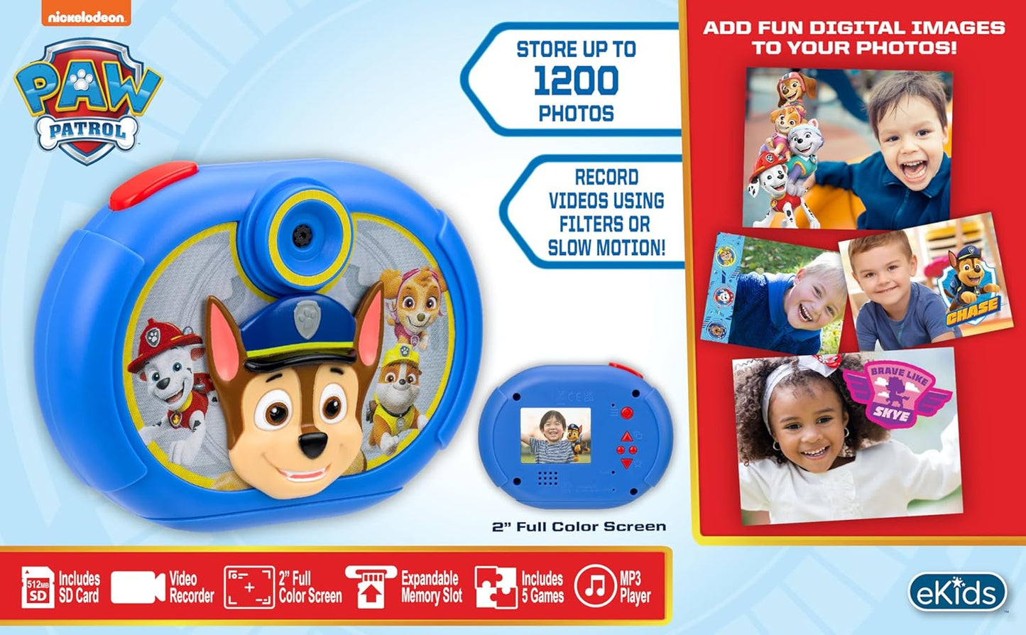 Cámara Digital Paw Patrol Para Niños c/ tarjeta SD, Con Video Y Calcomanías