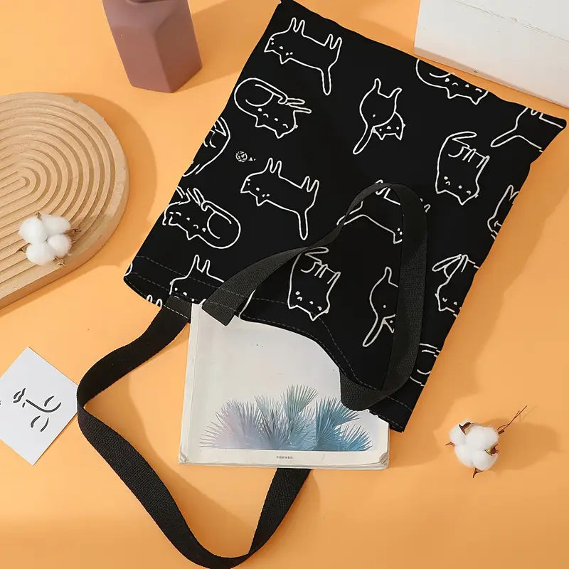 Bolsa Reutilizable con Estampado Minimalista de Gatos – Tote de Poliéster