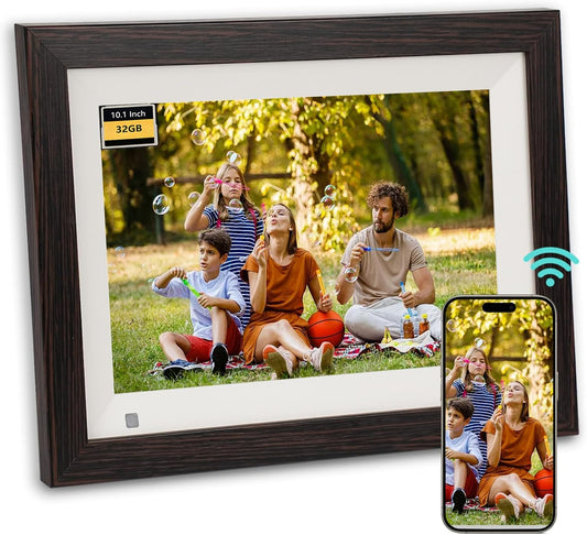 Marco de Fotos Digital MAEZOE 10.1” WiFi – 32 GB, Estilo Madera, Pantalla Táctil IPS HD, Sensor de Movimiento [prt-120]