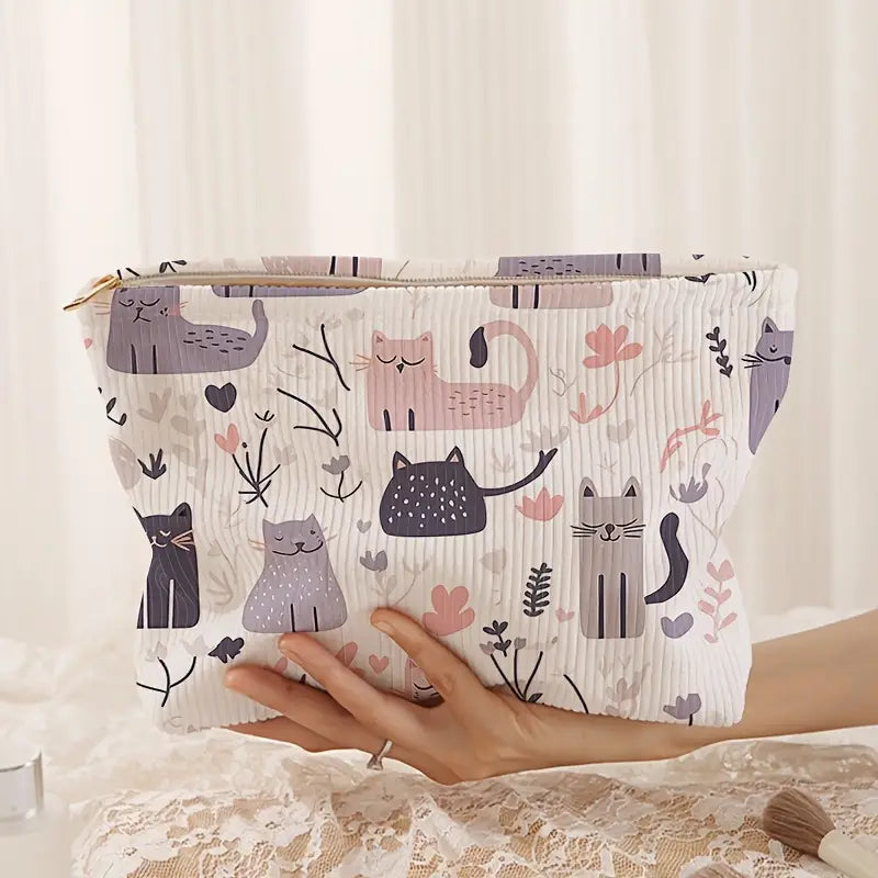 Bolsa de Maquillaje de Pana con Estampado de Gatito Abstracto [prt-218]