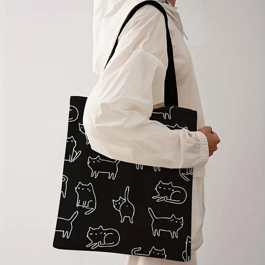 Bolsa Reutilizable con Estampado Minimalista de Gatos – Tote de Poliéster