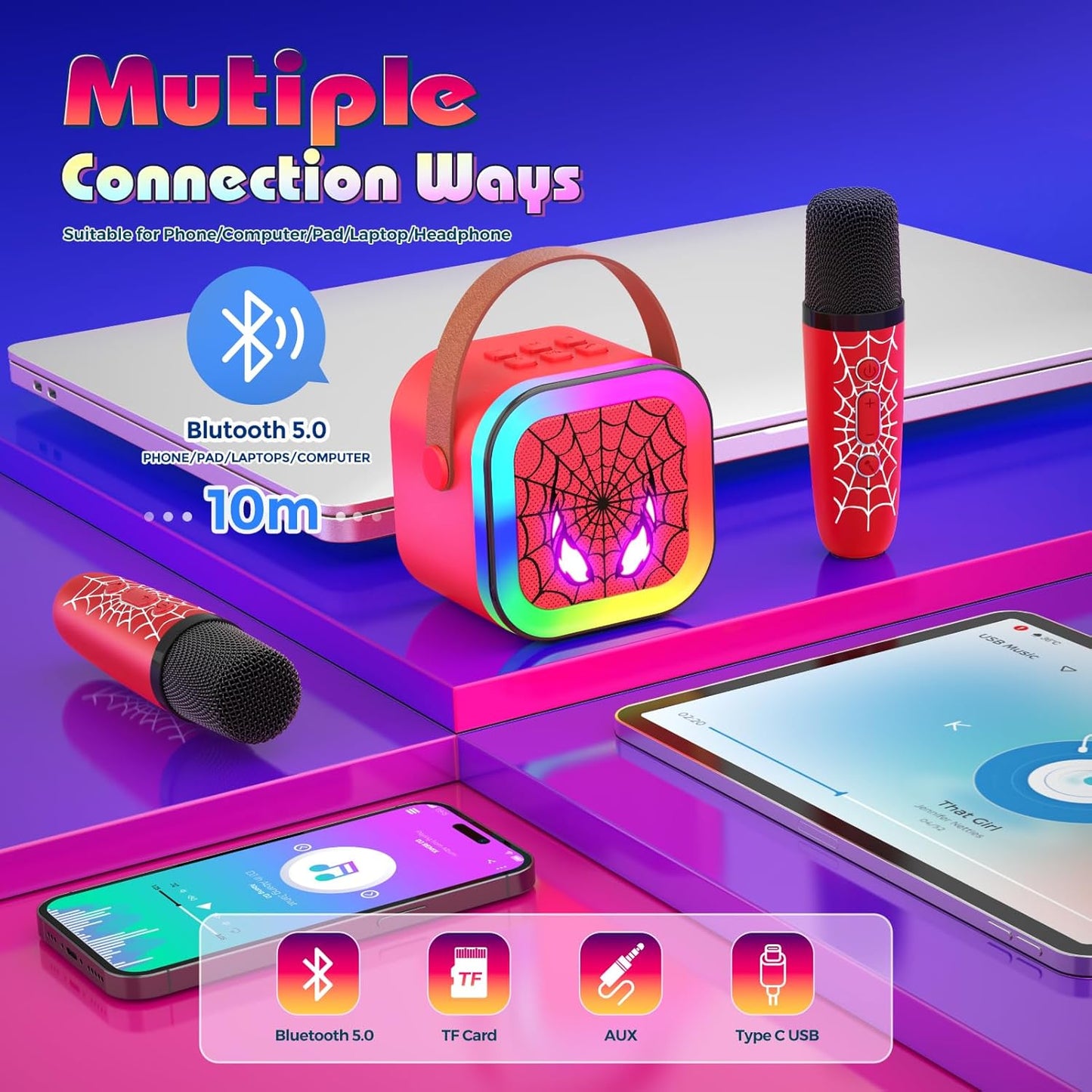 Spiderman - Máquina de Karaoke LED portátil con Bluetooth y 2 micrófonos inalámbricos – Color rojo