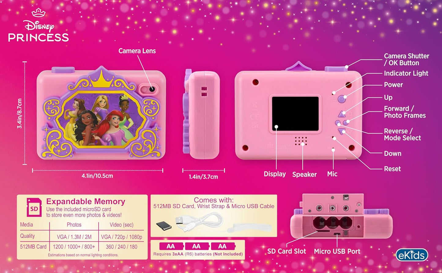 Cámara Digital Disney Princess Para Niños c/ Tarjeta SD, Video y Stickers [prt-196]