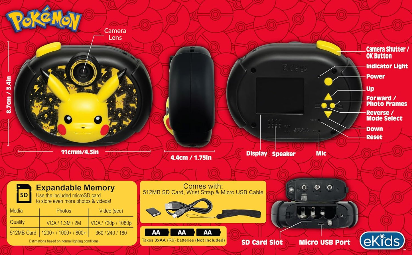 Cámara Digital Pokemon Para Niños c/ tarjeta SD, Con Video Y Calcomanías