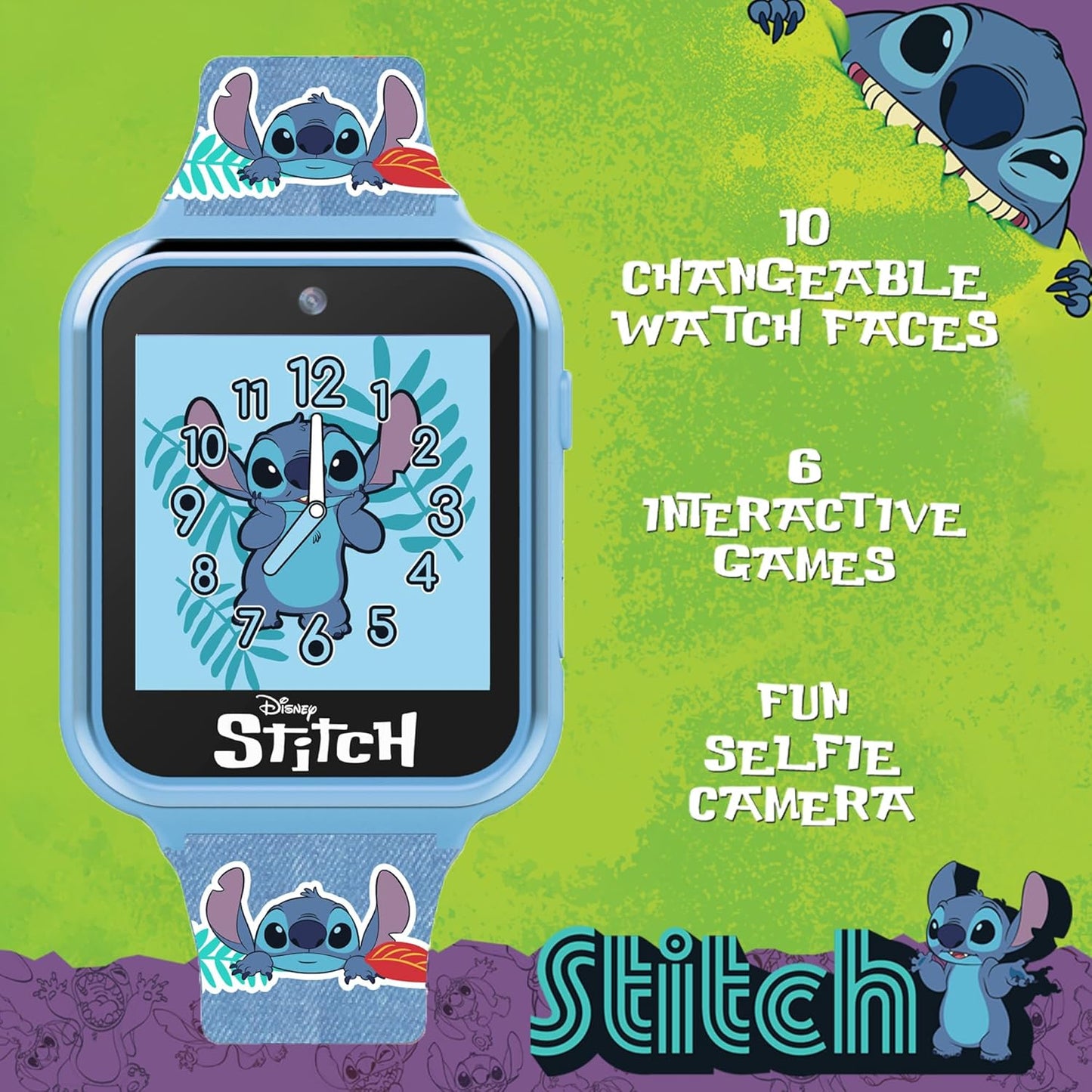 Disney Stitch – Reloj Inteligente para Niños con Pantalla Táctil, Cámara, Juegos, Podómetro y 10 Carátulas