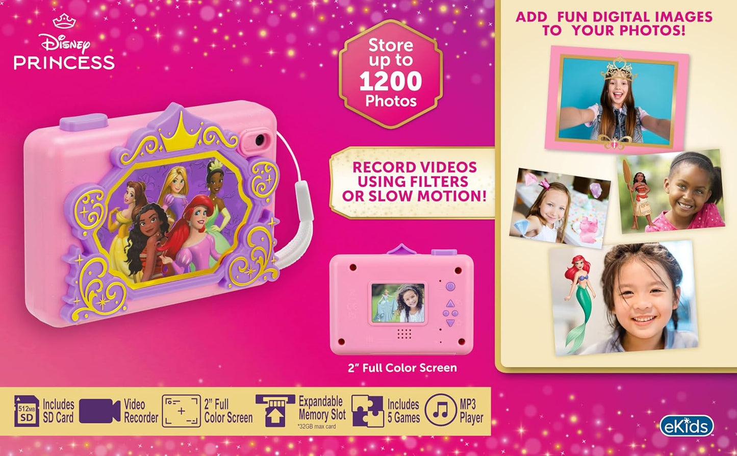 Cámara Digital Disney Princess Para Niños c/ Tarjeta SD, Video y Stickers [prt-196]