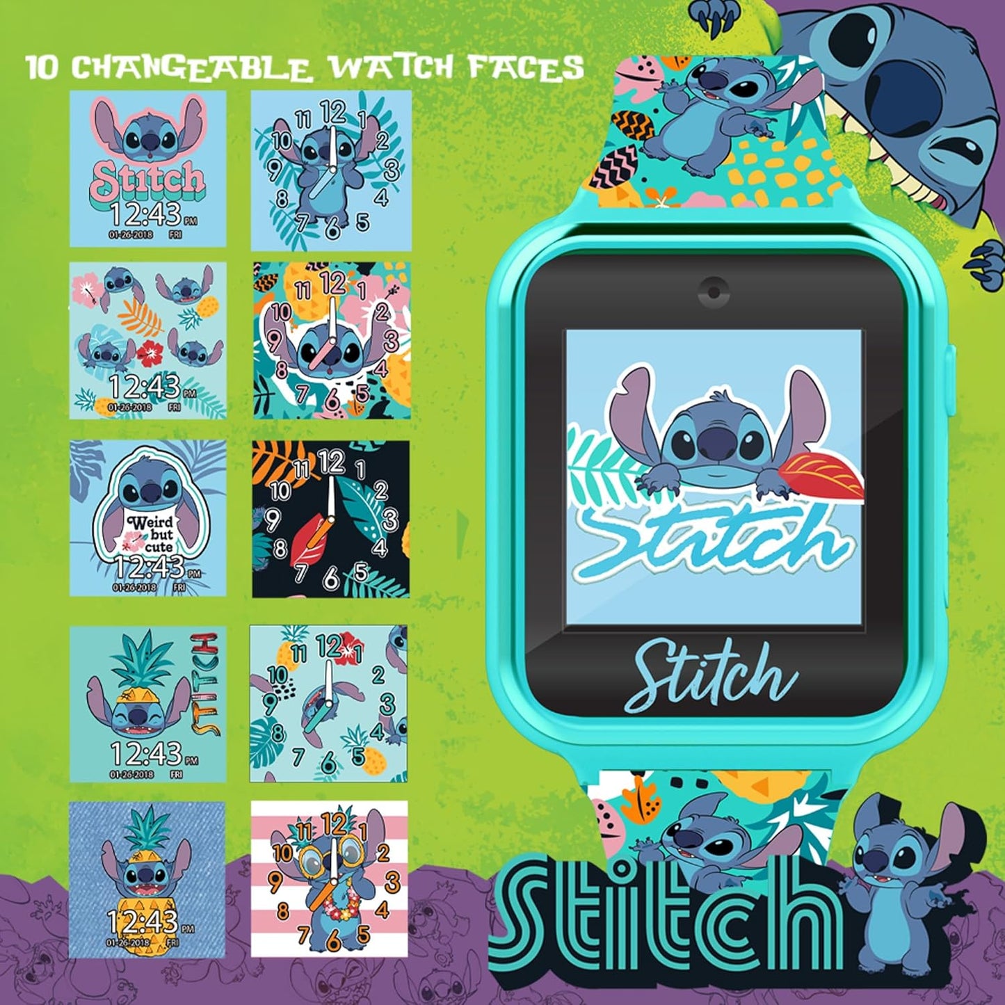 Disney Stitch 2 – Reloj Inteligente para Niños con Pantalla Táctil, Cámara, Juegos, Podómetro y 10 Carátulas