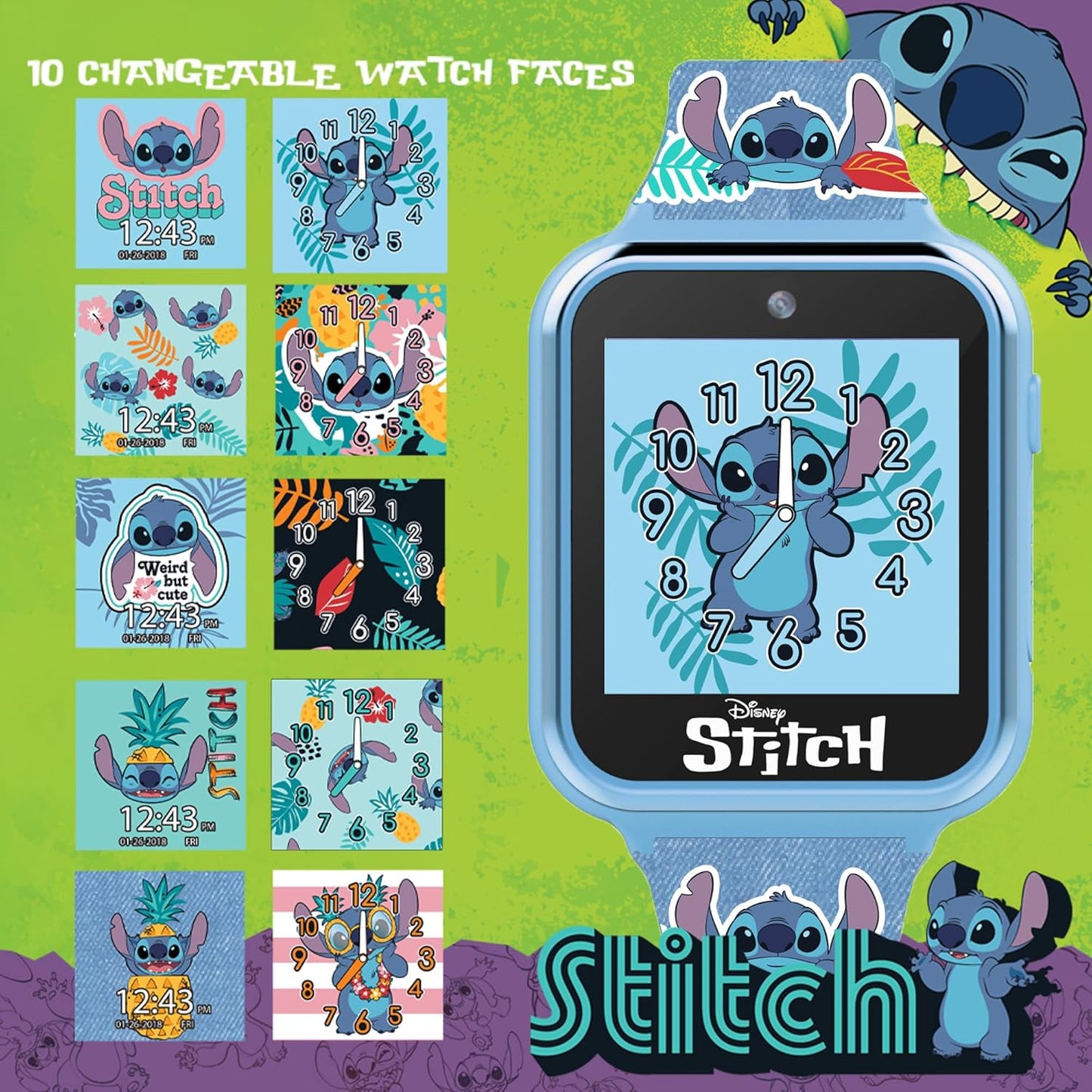 Disney Stitch – Reloj Inteligente para Niños con Pantalla Táctil, Cámara, Juegos, Podómetro y 10 Carátulas