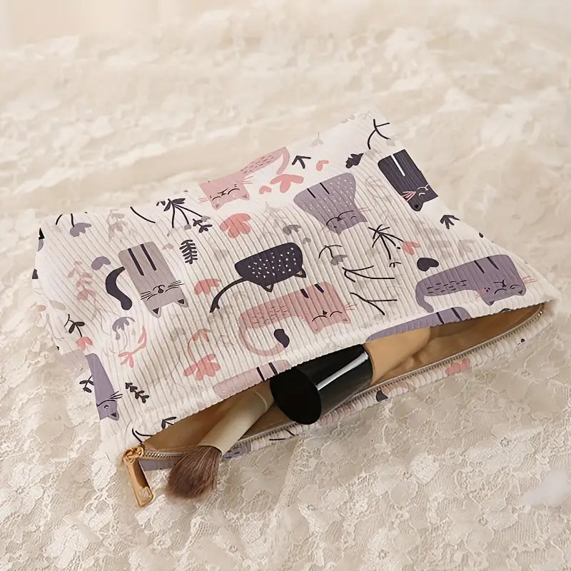 Bolsa de Maquillaje de Pana con Estampado de Gatito Abstracto [prt-218]