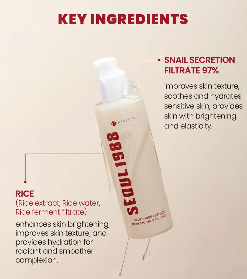 KSECRET - Sérum Facial SEOUL 1988 Essence con Baba de Caracol + Arroz (97%) (100ml)