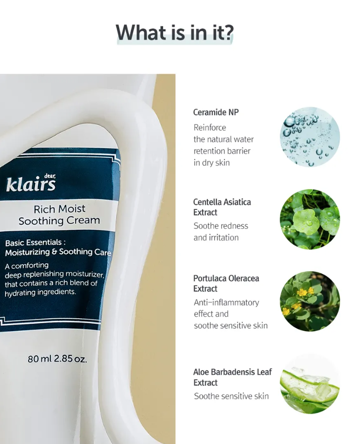 Dear, Klairs Rich Moist Soothing Cream JUMBO 80ml – Crema Calmante e Hidratante Renovada [prt-259]
