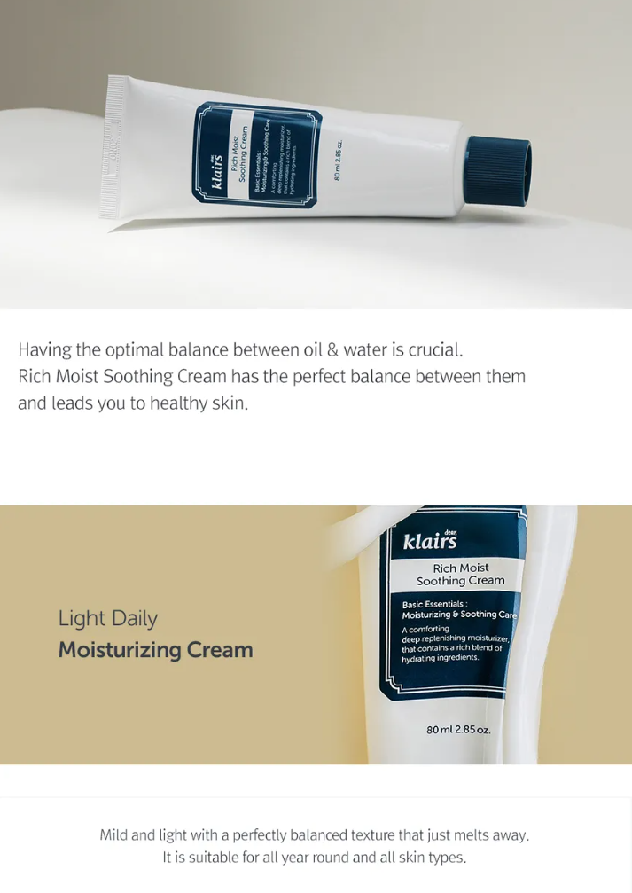Dear, Klairs Rich Moist Soothing Cream JUMBO 80ml – Crema Calmante e Hidratante Renovada [prt-259]