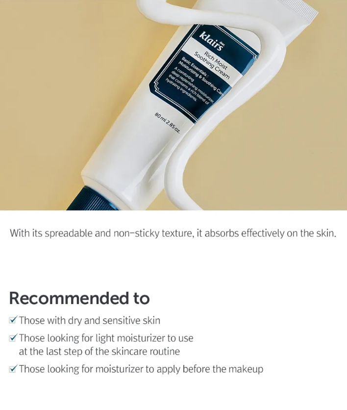 Dear, Klairs Rich Moist Soothing Cream JUMBO 80ml – Crema Calmante e Hidratante Renovada [prt-259]