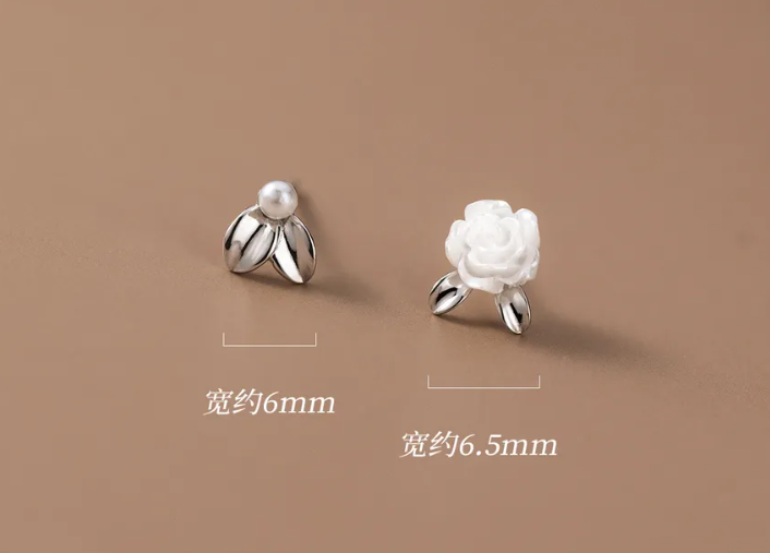 Aretes Asimétricos Flor y Perla (plata 925) [prt-95]
