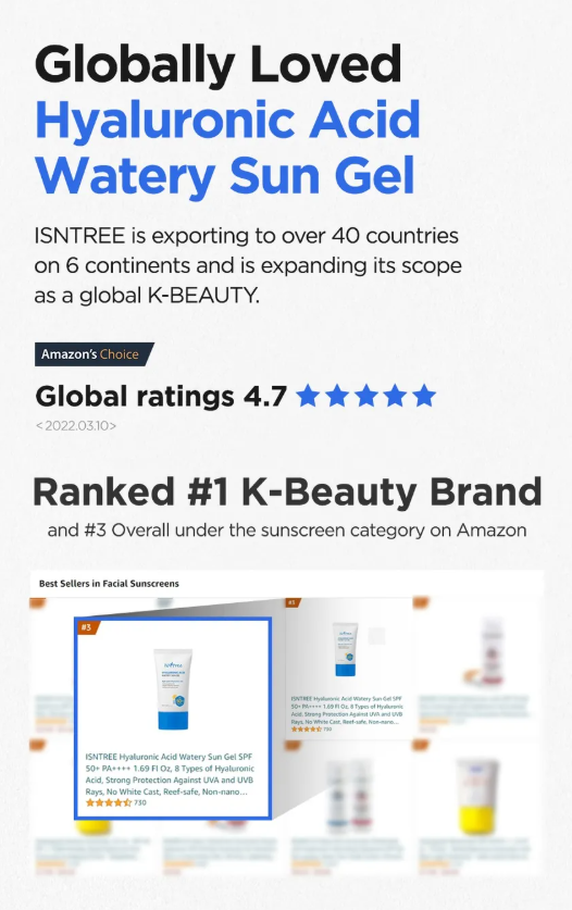 Isntree - Hyaluronic Acid Watery Sun Gel SPF50+ PA++++ (50ml) – Protector solar hidratante tipo gel