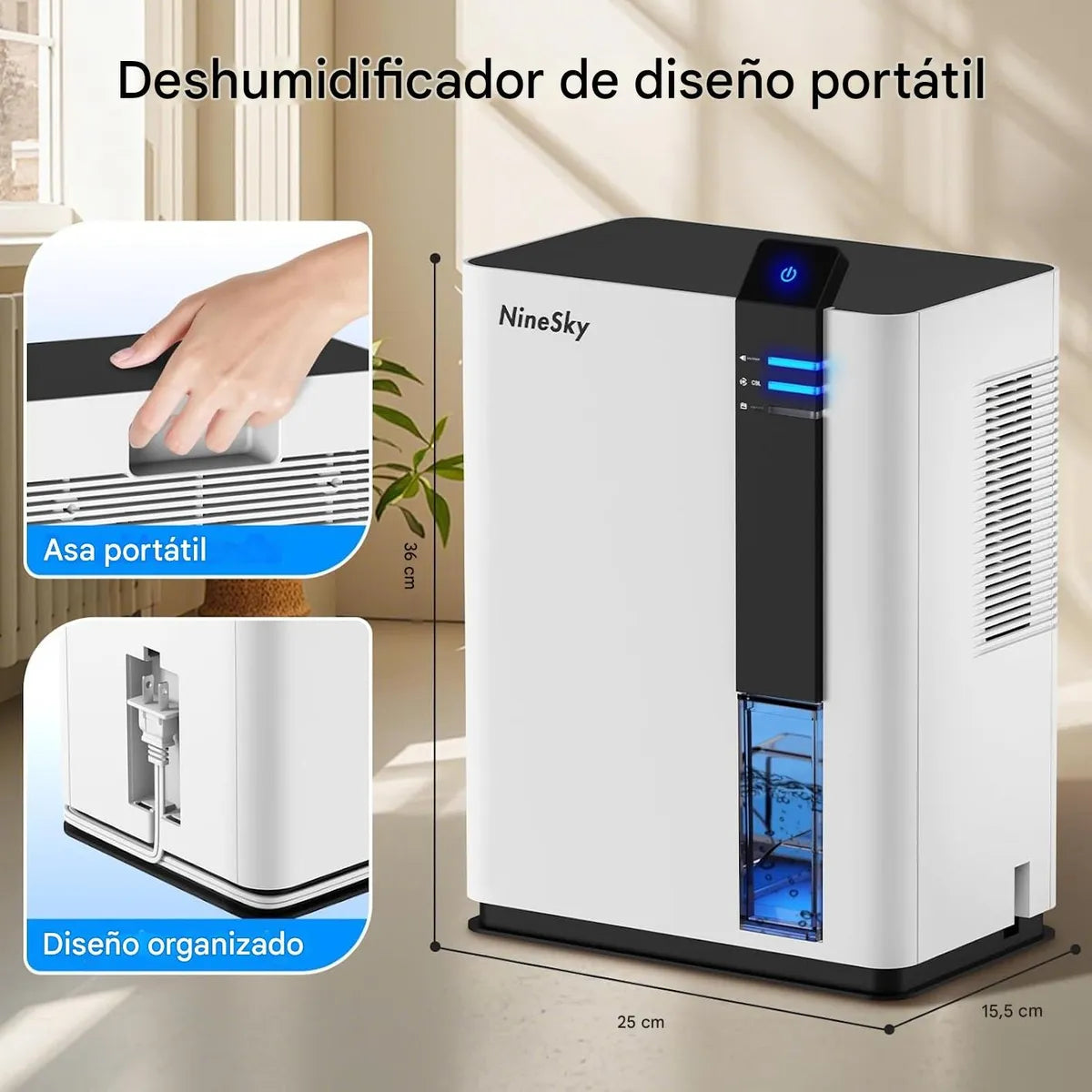 Deshumidificador Ninesky H2 – 2.9 L, Cobertura 74 m², Tanque Extraíble, Apagado Automático [prt-121]