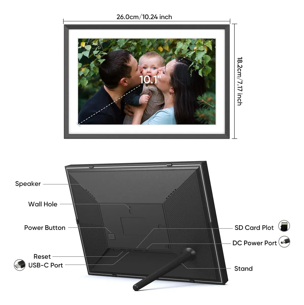Arzopa -  Marco De Fotos Digital Inteligente 10.1" con WiFi, App Frameo – Pantalla Táctil IPS, 1280x800, 32 GB, Rotación Automática [prt-193]