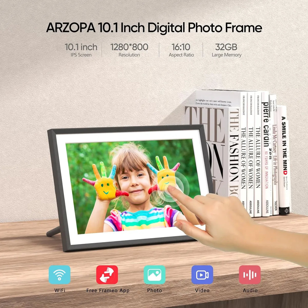 Arzopa -  Marco De Fotos Digital Inteligente 10.1" con WiFi, App Frameo – Pantalla Táctil IPS, 1280x800, 32 GB, Rotación Automática [prt-193]