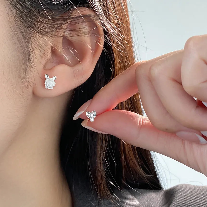 Aretes Asimétricos Flor y Perla (plata 925) [prt-95]