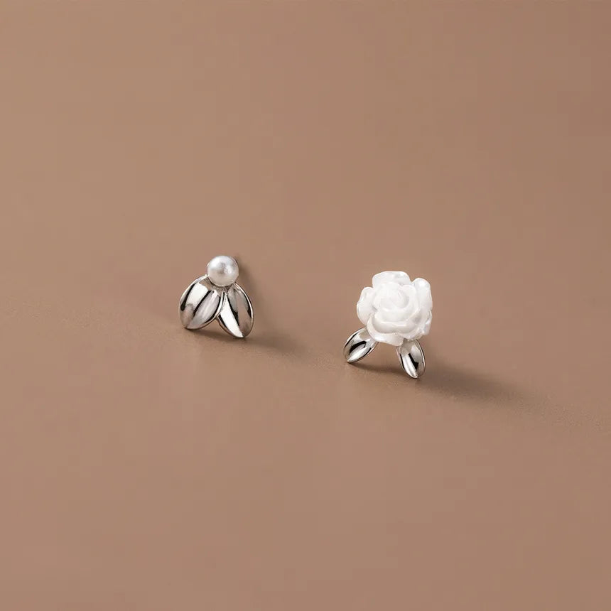 Aretes Asimétricos Flor y Perla (plata 925) [prt-95]