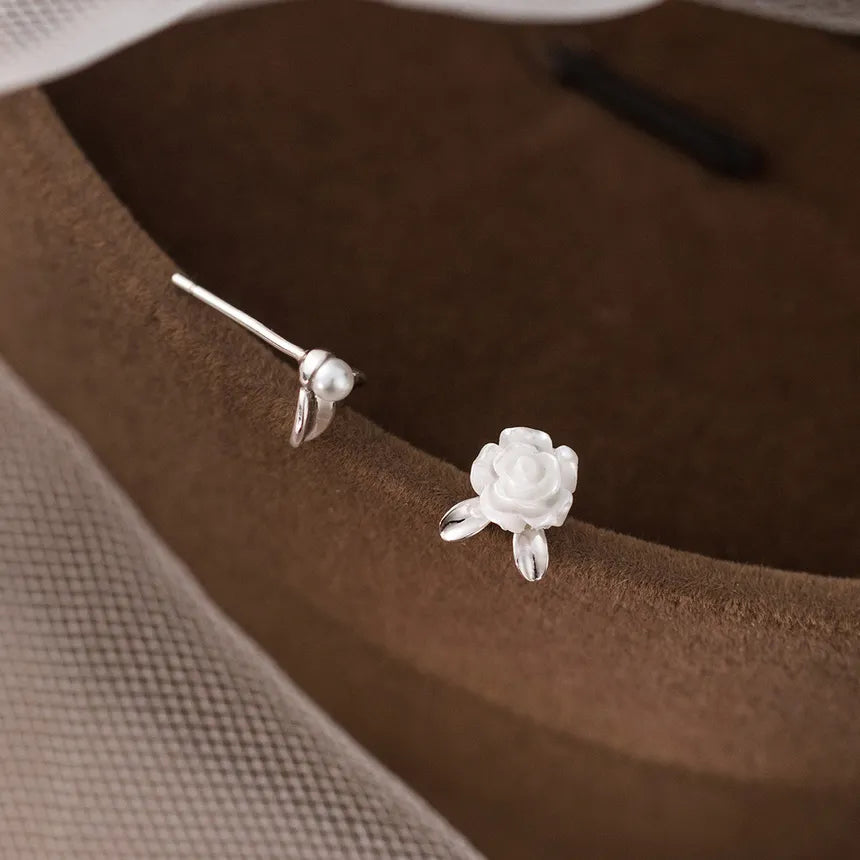 Aretes Asimétricos Flor y Perla (plata 925) [prt-95]