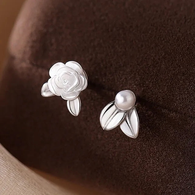 Aretes Asimétricos Flor y Perla (plata 925) [prt-95]