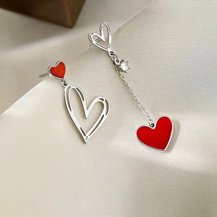 Aretes Corazones Asimétricos Carmesí (plata 925) [prt-113]
