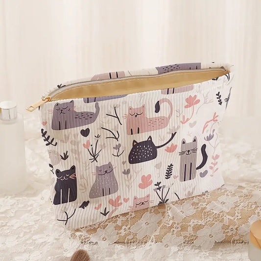 Bolsa de Maquillaje de Pana con Estampado de Gatito Abstracto [prt-218]
