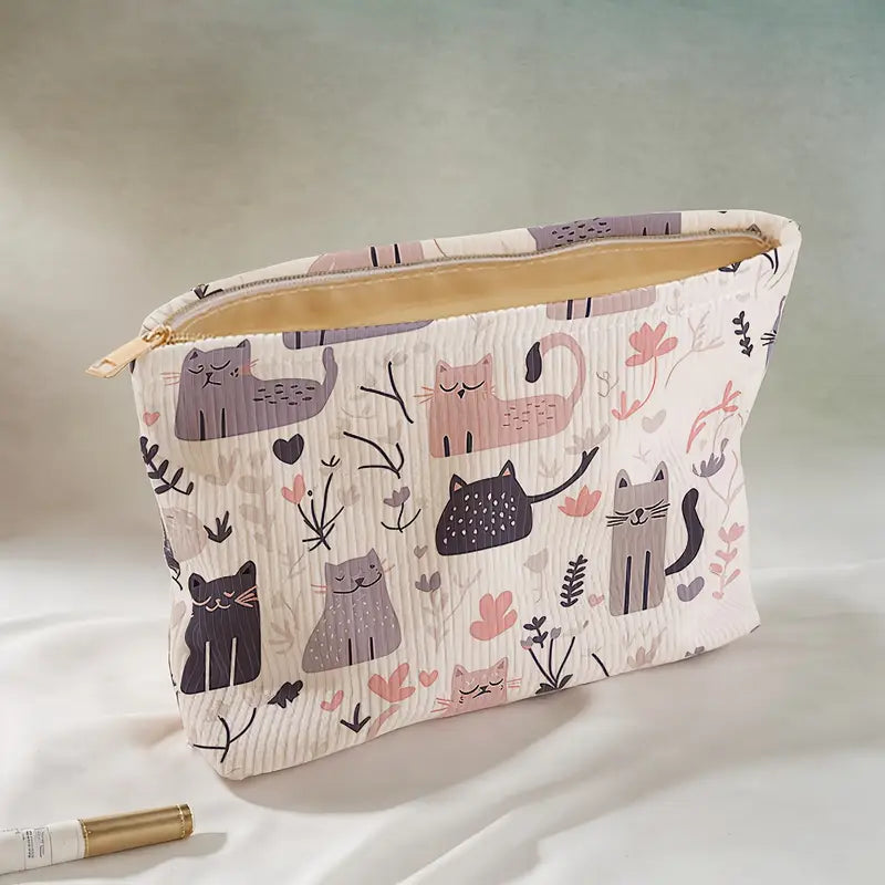 Bolsa de Maquillaje de Pana con Estampado de Gatito Abstracto [prt-218]