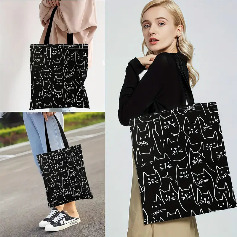 Bolsa Tote de Hombro con Estampado de Gatos en Blanco y Negro – Casual y Multifuncional [prt-226]