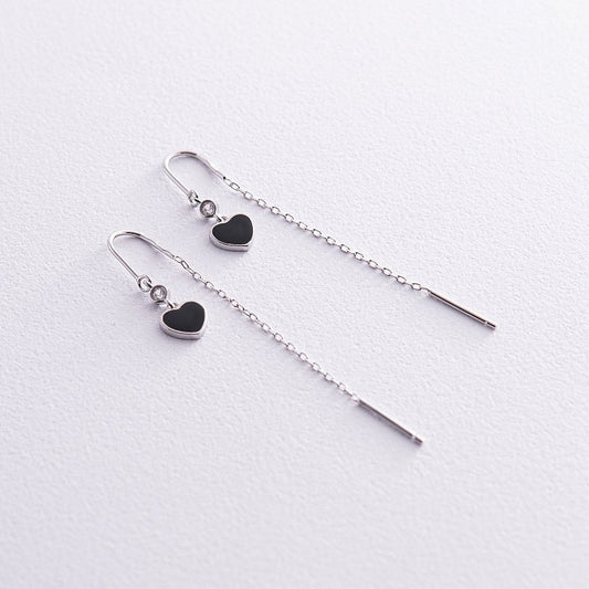 Aretes Corazón Negro con Colgante Posterior (plata 925) [prt-114]